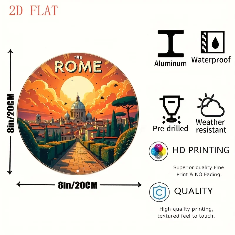2D Flat - 2D Plane - 20.32 Cm Round Aluminum Wall Plaque Depicting The Rome Skyline at Sunset with St. Peter'S Basilica | 1pc, I