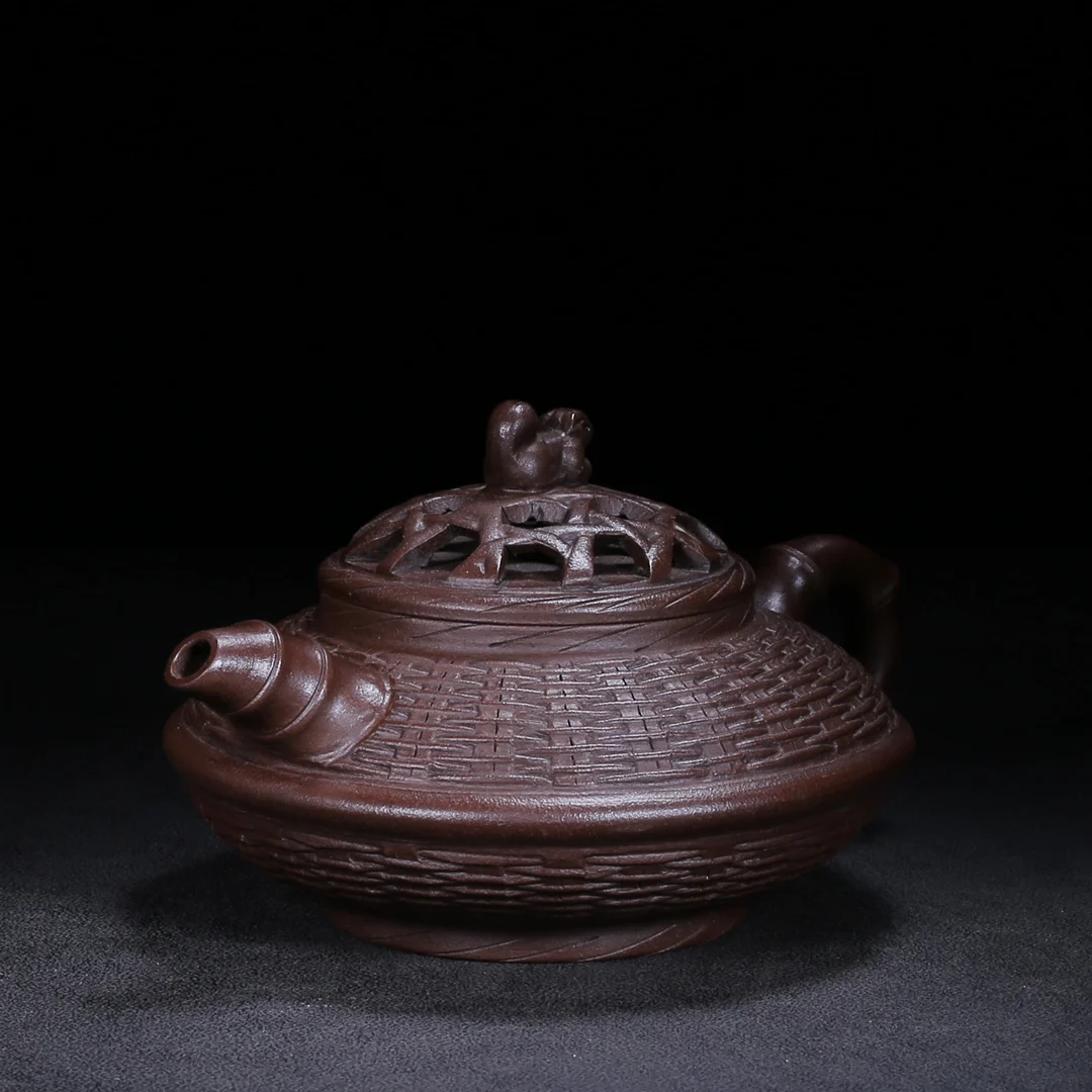Old Chinese Handcraft Enameled  YiXing Zi Sha Clayeapot ,Bamboo weaving Teapot ,with mark,Free shipping