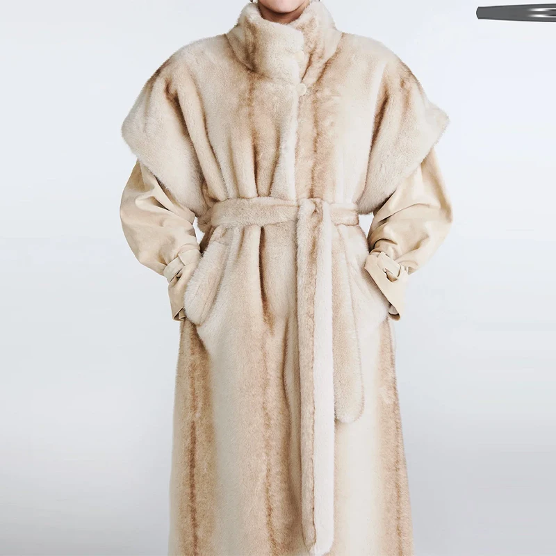 Engrossar casaco de inverno feminino luxo pele do falso jaquetas longas com cinto lapela manga curta solto outwear 2025 novos casacos quentes senhora