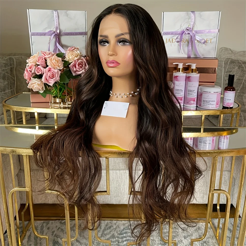 

26 Inch Brown Free Part Long Natural Glueless 200 Density Wave Lace 5x5 Silk Base Human Hair Wig For Women BabyHair Pre-plucked