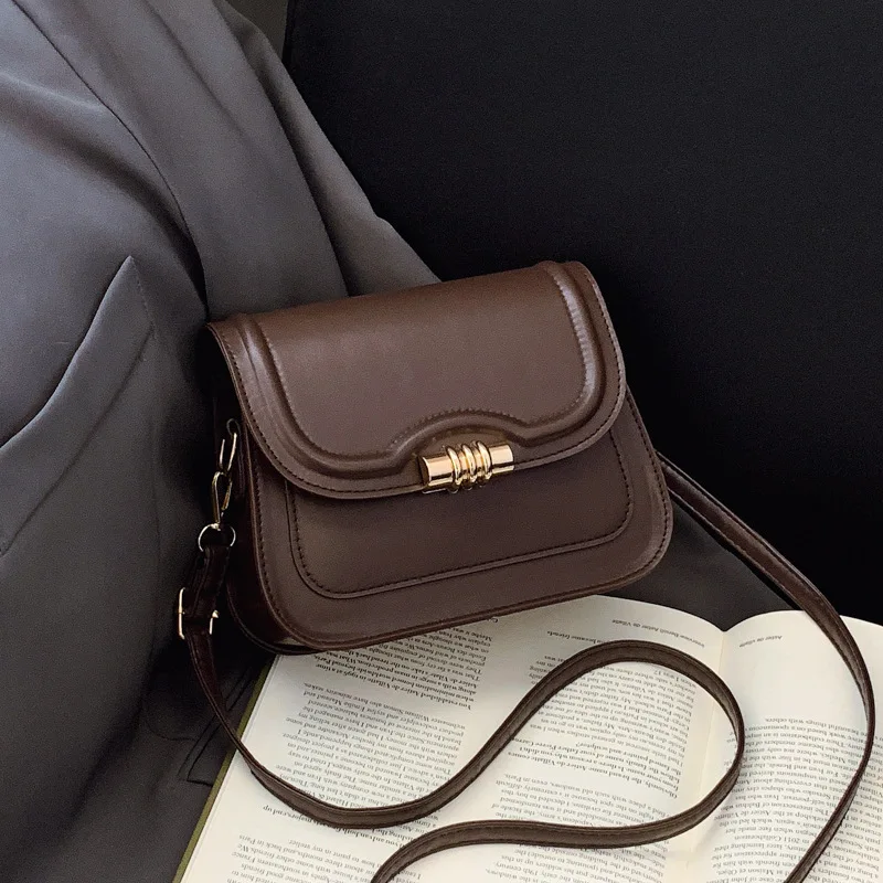 

Women's Saddle Crossbody Bag, Faux Leather Shoulder Purse with Gold Turn Lock, Retro Minimalist Casual Handbag