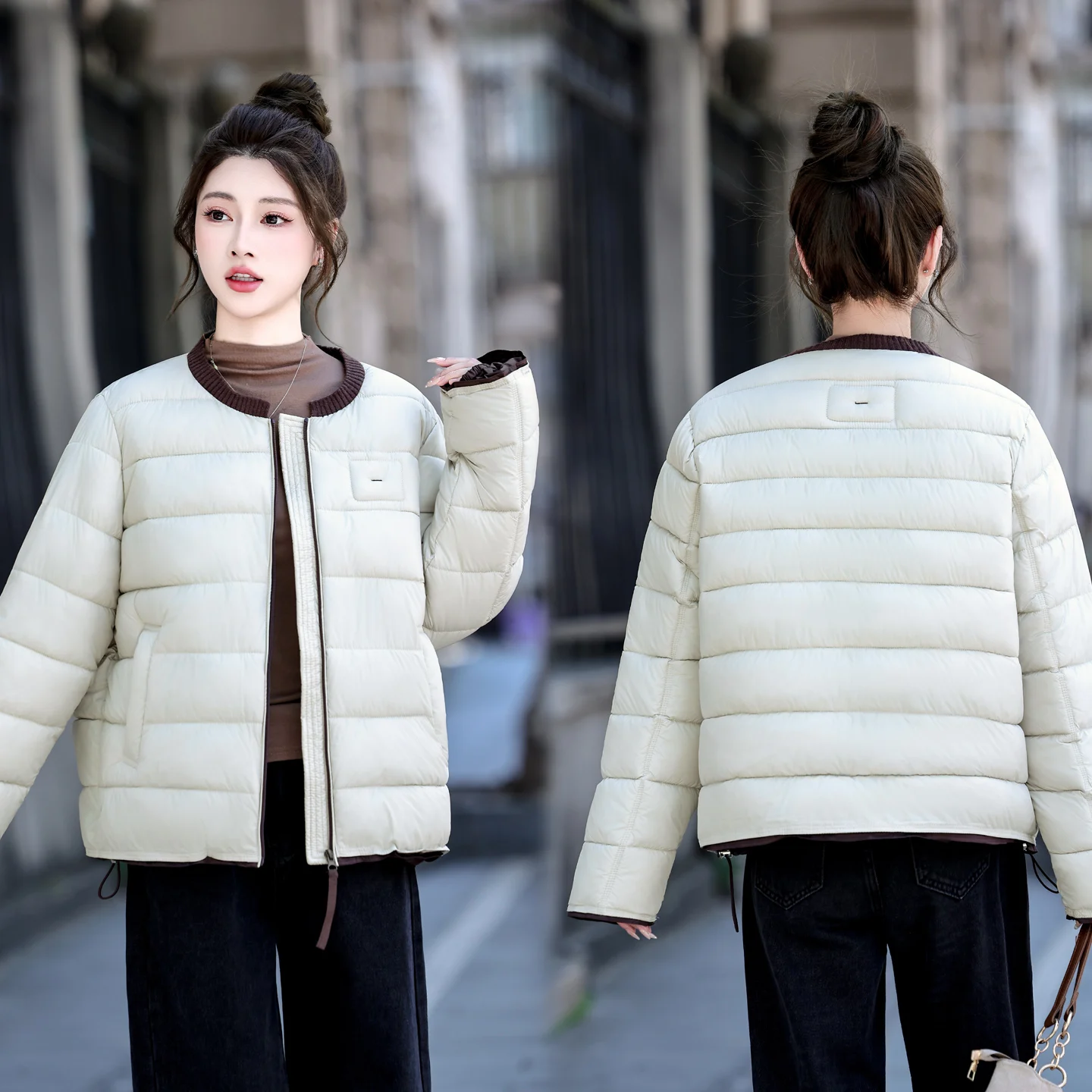 2026 New Women's Ribbed Trim Round O-Neck Padded Jackets Winter Casual Outerwear with Pockets Zip Up Short Warm Coats
