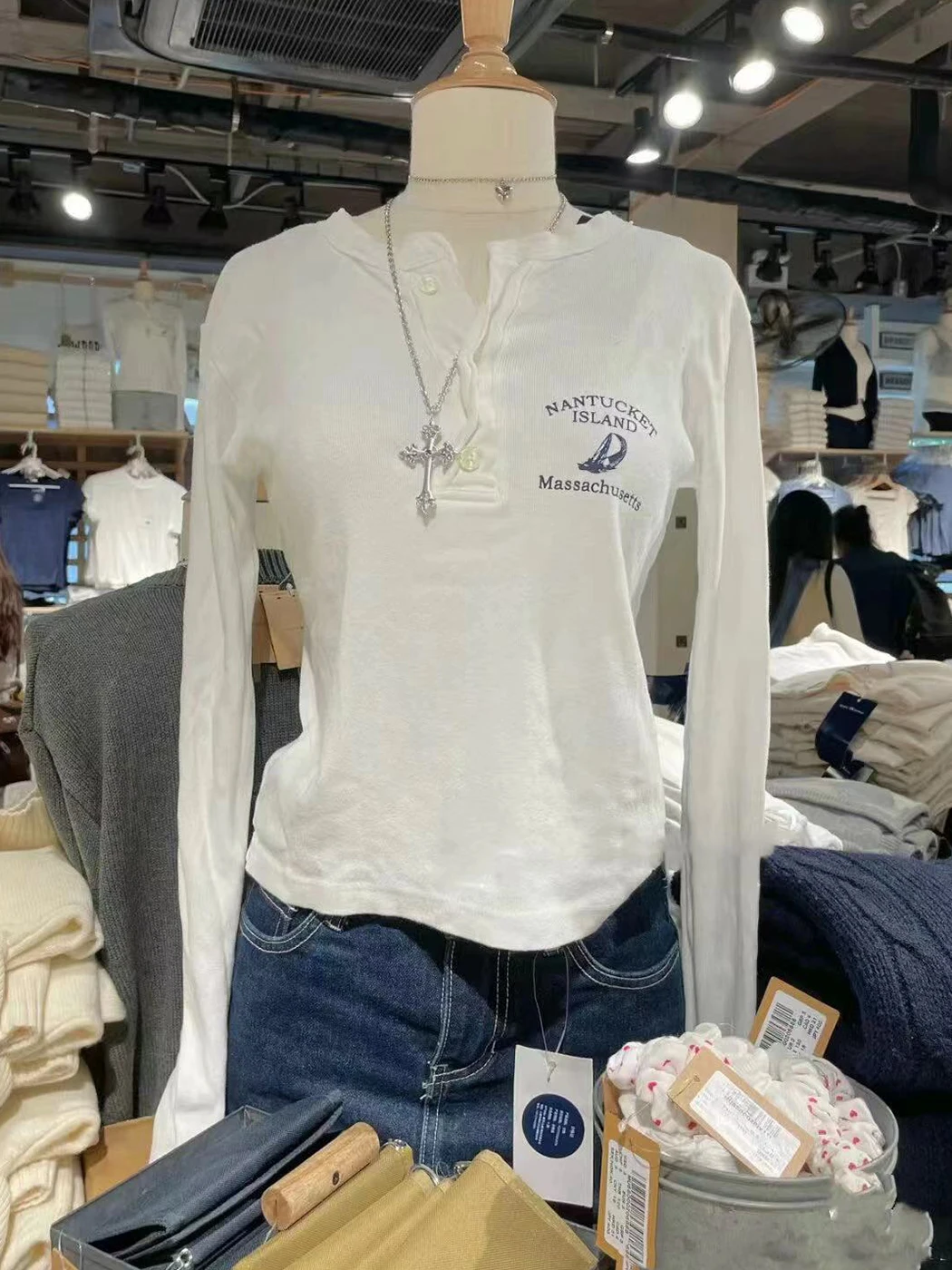 Barco a vela gráfico henley camiseta feminina primavera roupas 2025 algodão manga longa camisetas topos meninas casual y2k magro camiseta