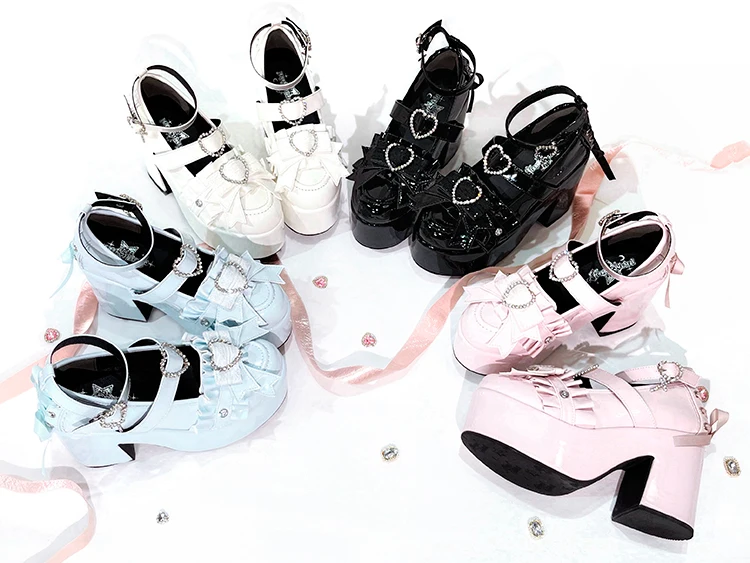 

Japanese original thunder platform shoes women's lolita bow rhinestone love buckle mass production muffincute subculture shoes