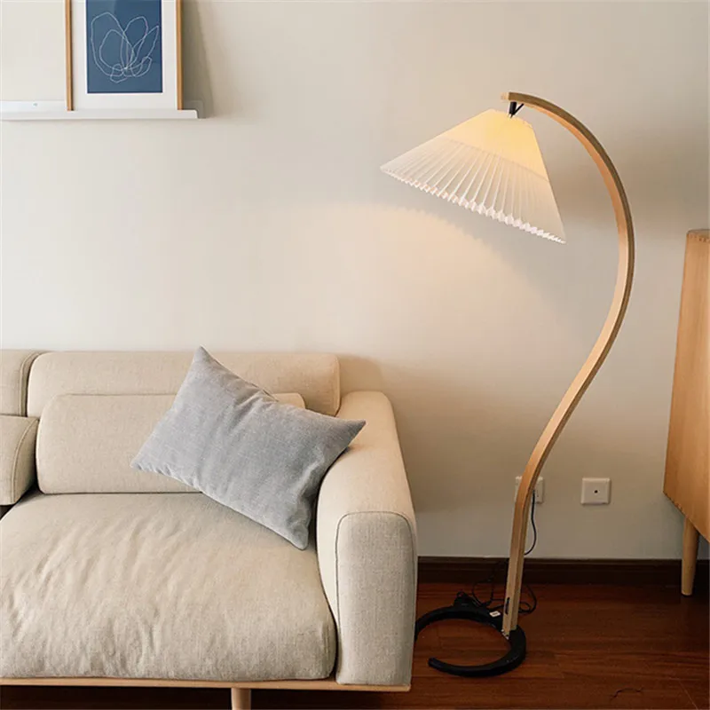 Japanese Curve floor lamp LED Soild Wood stading Lamp pleated lampshade Living Room Bedroom Study Decor sofa side reading Light