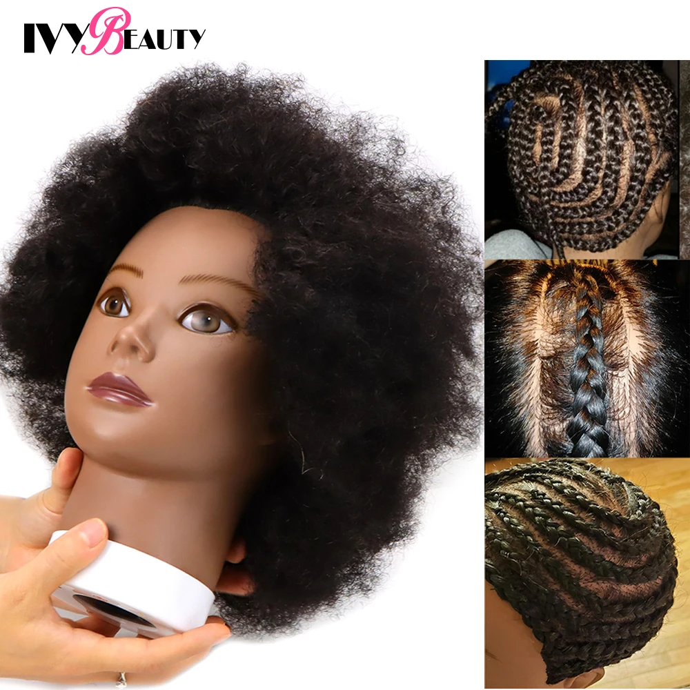 African American Mannequin Head With 100% Real Human Hair 16inch Hairdresser Training Manikin Head For Practice Styling Braiding