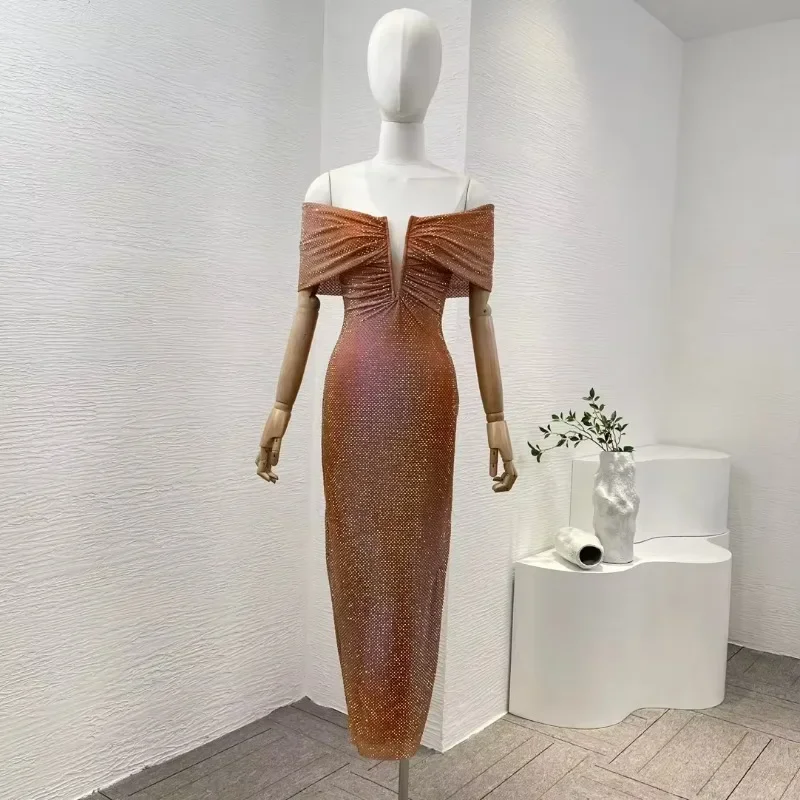 2024 Tangerine Diamonds Pressed Off The Shoulder Mermaid Women Midi Dress Latest Collection Luxury Top Quality