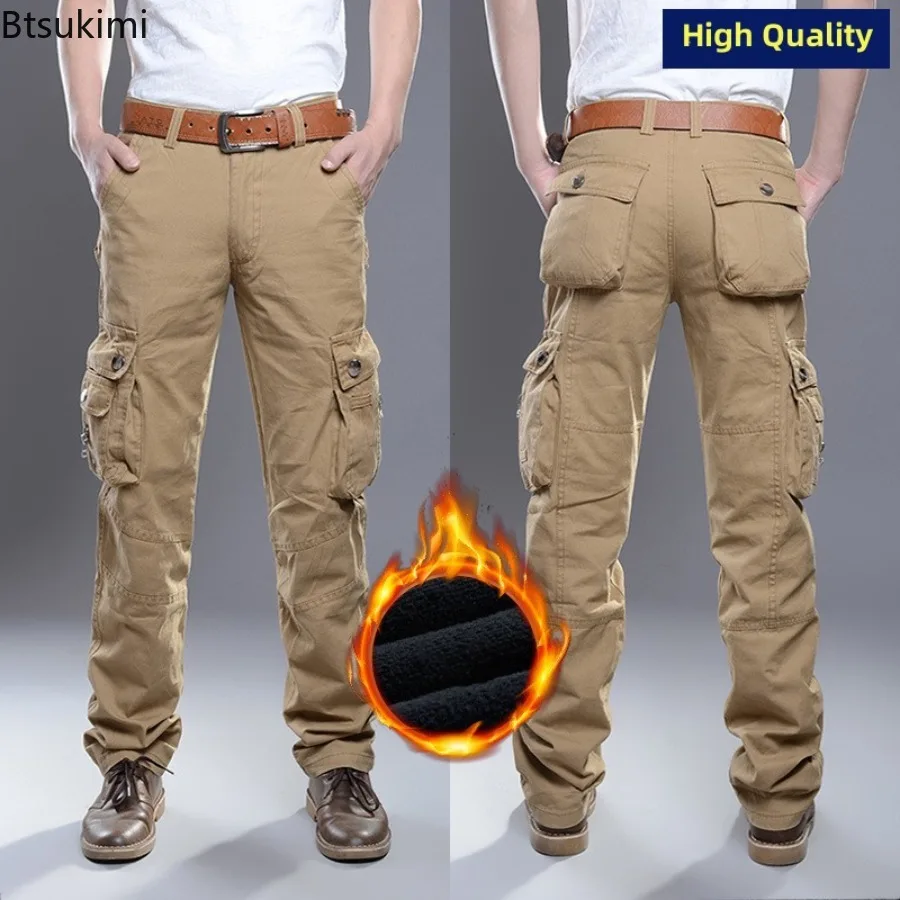 

Новые зимние брюки-карго, мужские прямые брюки, уличные повседневные брюки, мужские теплые брюки на утолщенной флисовой подкладке, рабочие брюки с несколькими карманами