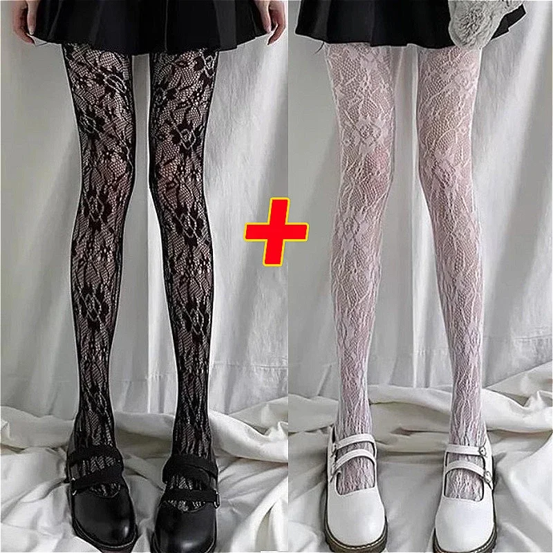 Japanese Classic Lolita Hollowed Out Lace Mesh Stockings Bottomed Pantyhose Lolita Retro Floral Rattan White Stocking Hot Tights