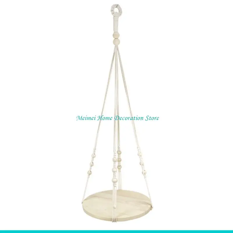 H7BF Nordic Macrame Plant Hanger with Round Wooden Plate Tray Woven Tassels Indoor Hanging Planter Shelf Flower Pot Holder Stand