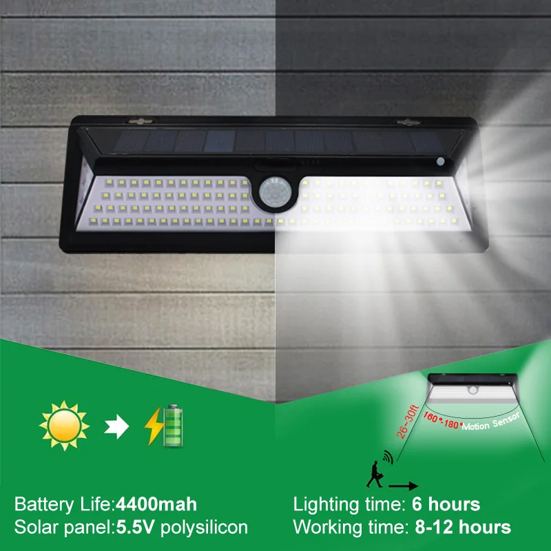 Luz LED Solar impermeable para exteriores, lámpara de jardín con Sensor de movimiento, luz de pared para puertas delanteras y garajes, 4400mAh,