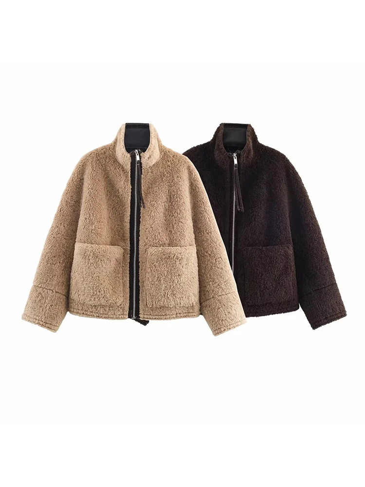 

Новая женская куртка, пальто с мехом, цельное модное однотонное пальто на молнии с длинными рукавами, женская шикарная свободная верхняя одежда для отдыха