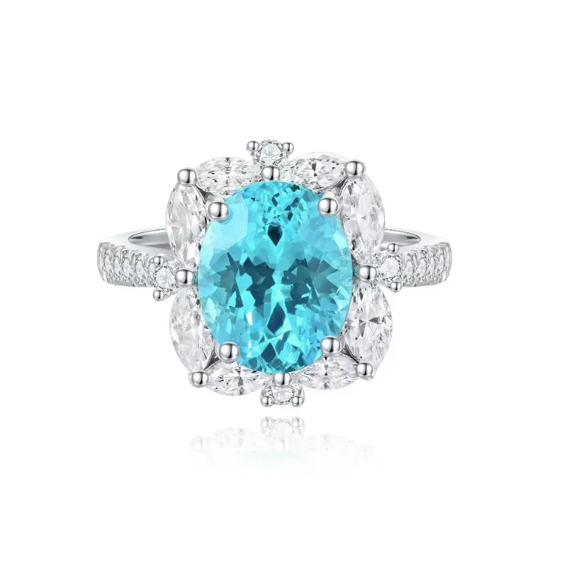 Ruihe Luxury 925 Silver Oval 4.61ct Lab Grown Paraiba Sapphire Simulated Diamond Ring for Women Men Couple Daily Office Jewelry