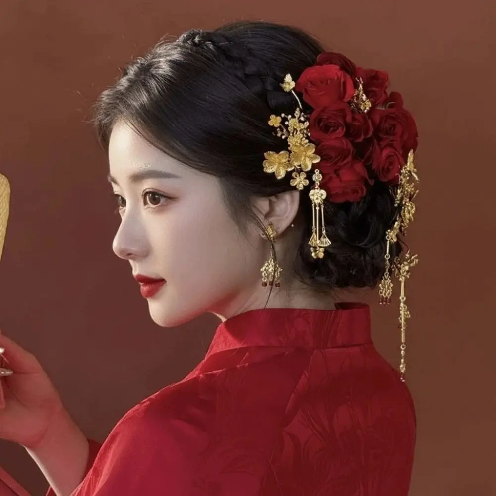 

Hairpin Flowers Sweet Rose Hair Forks Chinese Style Cloth Golden Phoenix Hairpin Alloy Headwear Bride Flower Side Clips Daily