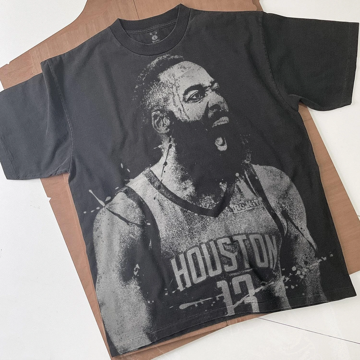 James Harden Handmade Bleached T-Shirt: Faded Black Cotton Unisex Tee