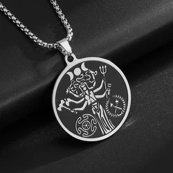 Retro Witch Moon Goddess Hecate Portrait Stainless Steel Pendant Necklace Women's Men's Greek Mythology Trendy Jewelry