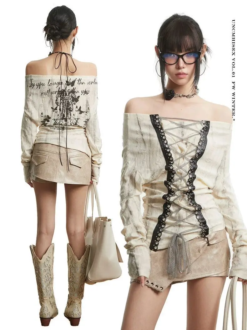 Y2K Subkultur Langarm Top Frauen Schwarz Off-Schulter Spitze-Up Zurück Grafik Druck Gothic Stil Herbst Harajuku Casual tees