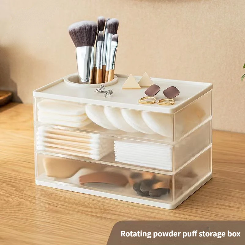 Multifunctional 360°Rotary 3 Layers Powder Puff  Brush Cotton Pad Storage Box Pen Holder Creative Home Office Desktop Organizer