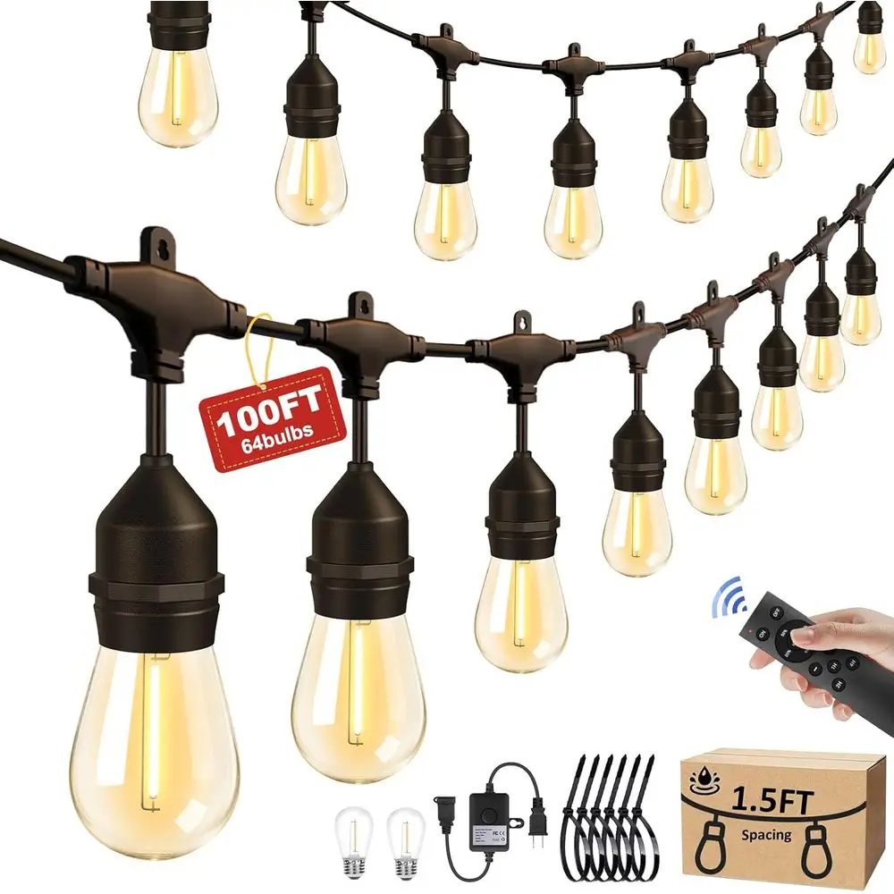 

100FT Outdoor String Lights with 64+4 Bulbs (1.5FT Bulbs Spacing), Remote & Dimmer, Commercial Patio String Lights with 3 Mode L