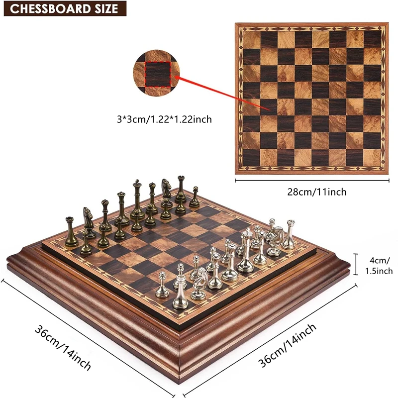 Che's'sHigh end desktop 36cm/14inch wooden chess set detachable metal chess pieces king height 6.3cm chess storage/gift packagin