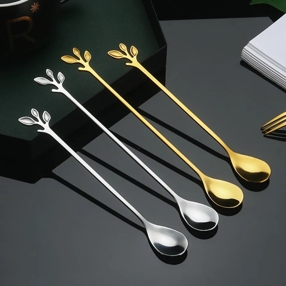 New Stainless Steel Water Cup Stirring Spoons Leaf Shape Dinnerware Dessert Spoon Fork Long Handled Golden Silver Coffee Spoon