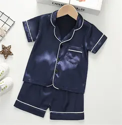 Boys Girls Kids Pajama Sets Solid Short Sleeve Shirt Tops Pants Toddler Baby Sleeping Clothes Pijamas Sleepwear 1 2 3 4 Years