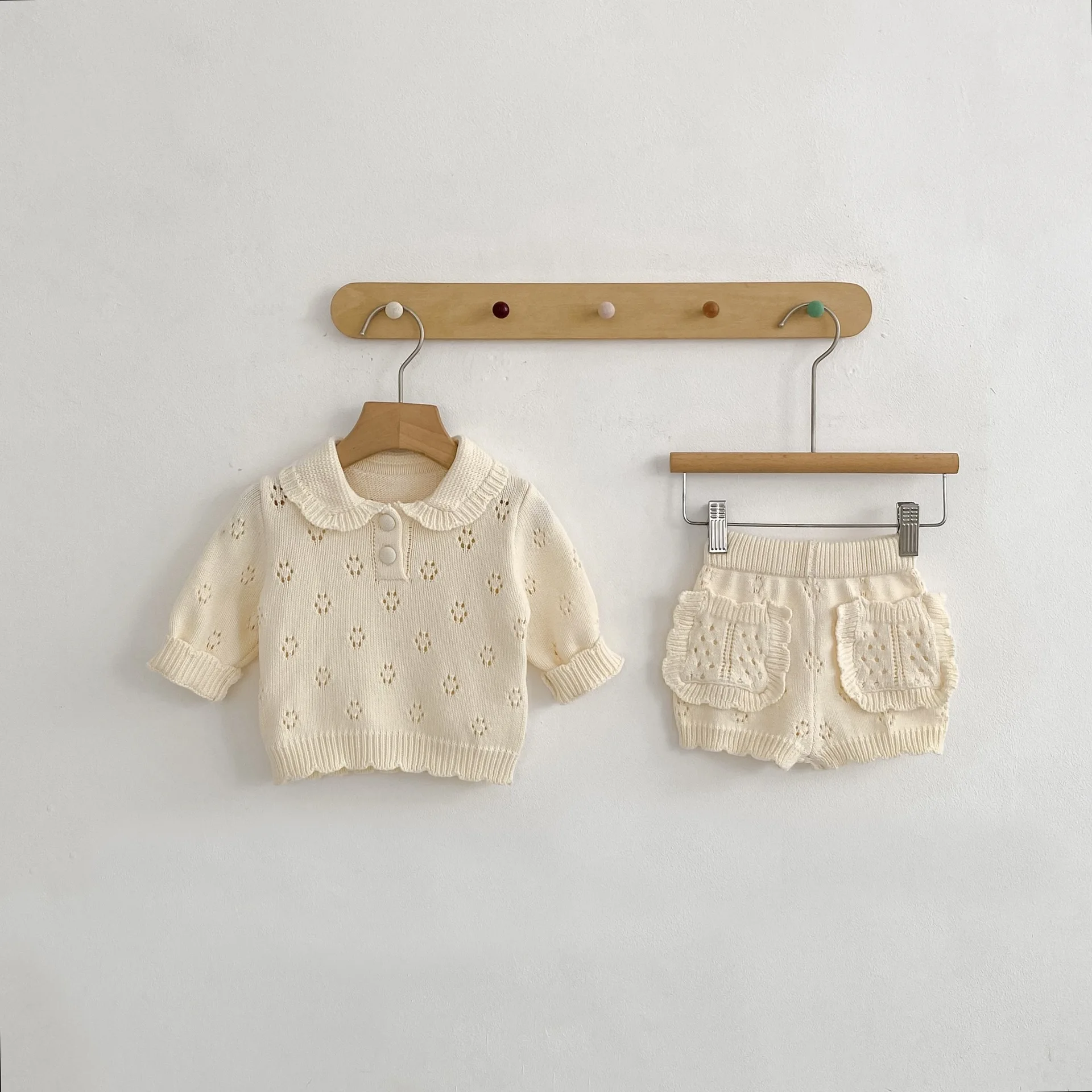 

2026 Spring New Baby Long Sleeve Clothes Set Girls Cute Lapel Knitted Tops + Shorts 2pcs Suit Fashion Hollow Out Infant Outfits