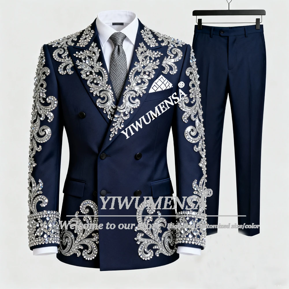 

Sliver Beaded Stones Suits Men 2 Piece Set Double Breasted Groom Blazers Outfits Plus Size Customized Wedding Tuxedos Exquisite