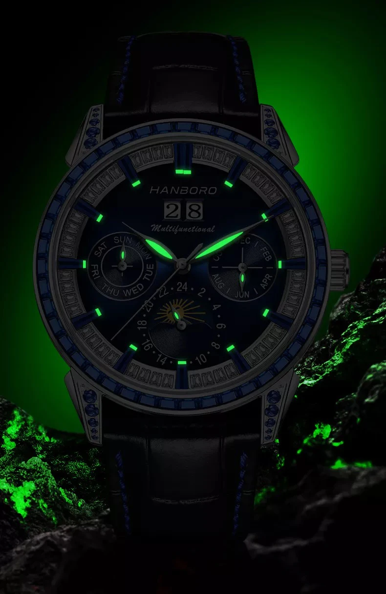 HANBORO Orologio automatico da uomo 42mm Orologio da polso meccanico Impermeabile Zaffiro luminoso 24 ore Data Miyota 82S0 Quadrante in cristallo Lunetta