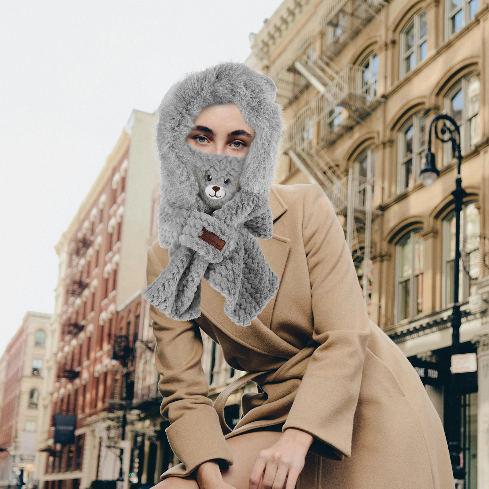 1 مجموعة الشتاء الدافئة الدب الأذن قبعة وشاح قناع قفازات مجموعة للنساء في الهواء الطلق الدراجات يندبروف المألوف الدافئة بطانة وشاح قبعة #1