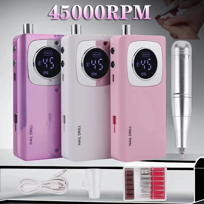 45000RPM Rechargeable Electric Nail Drill - Portable Professional Set with LCD, Low Noise, Cuticle Removal