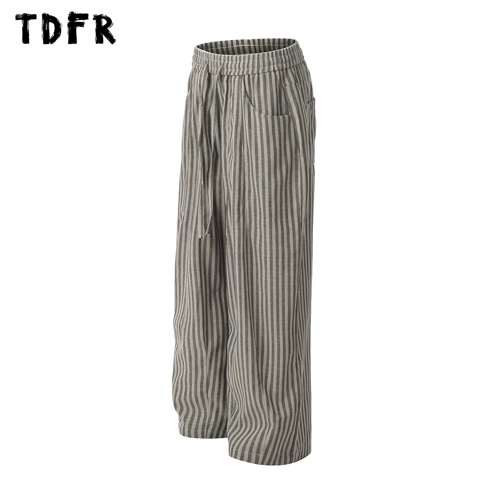 Vertical Stripes Casual Pants Mens Retro Streetwear Loose Straight Wide leg Elastic Waist Trousers Men