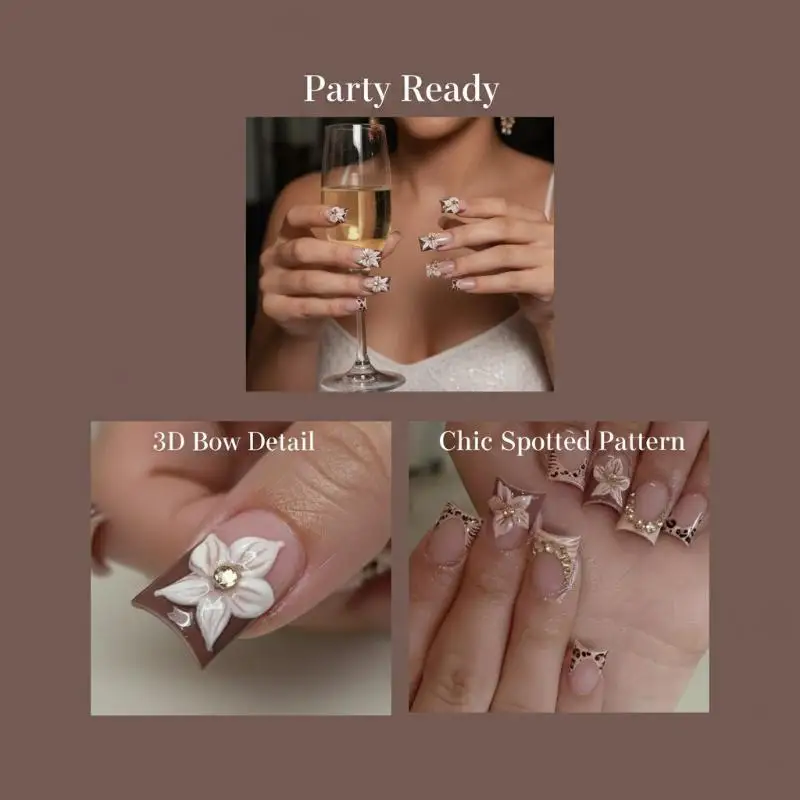 24pcs Leopard Print French False Nails Spicy Girls Flower Brown Short Square Press On Nails With Diamond Design