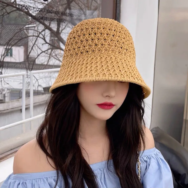 New Handmade Top Summer Hats for Women Hollow Out Knit Dome Bucket Hat Wide Brim Foldable Beach Caps Chapeu Panama Feminino 모자