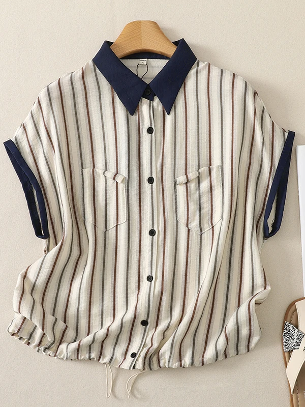 

Artistic Striped Print Women's Shirt Short Sleeve Loose Fit Casual Style Breathable Comfortable Summer Top plus Size