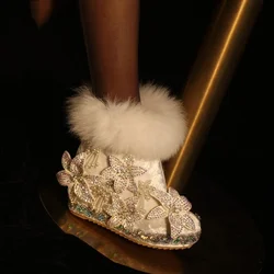 Womens Velvet Real Fox Fur Ankle Boots Platform Wedge High Heel Rhinestones Crystal Flowers Shoes DIY X-mas Gift Girls