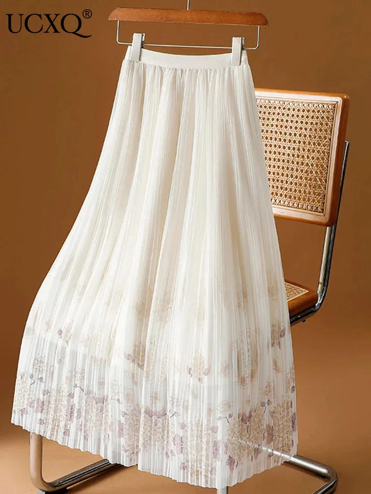 

UCXQ Elegant Pleated Skirt Fairy Style Gradient Print Mesh Splicing Elastic Fashion A-line Skirts Women 2024 Spring Summer A9211