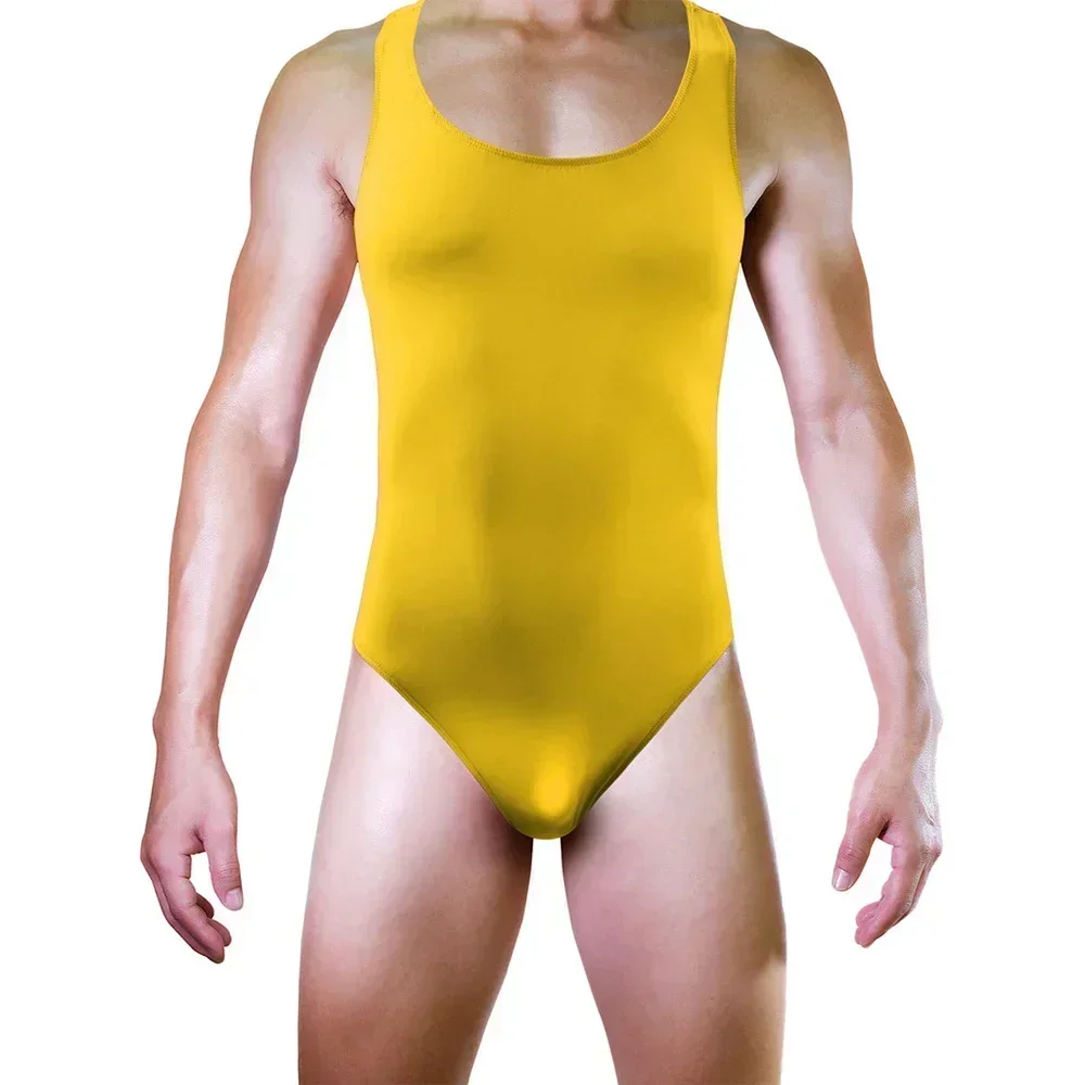 Men Bikinis Bodysuit Sleeveless Underwear Backless Singlet Leotard Cock Bulge G-strings Jumpsuit High Slit Swimsuit Gay Clothes