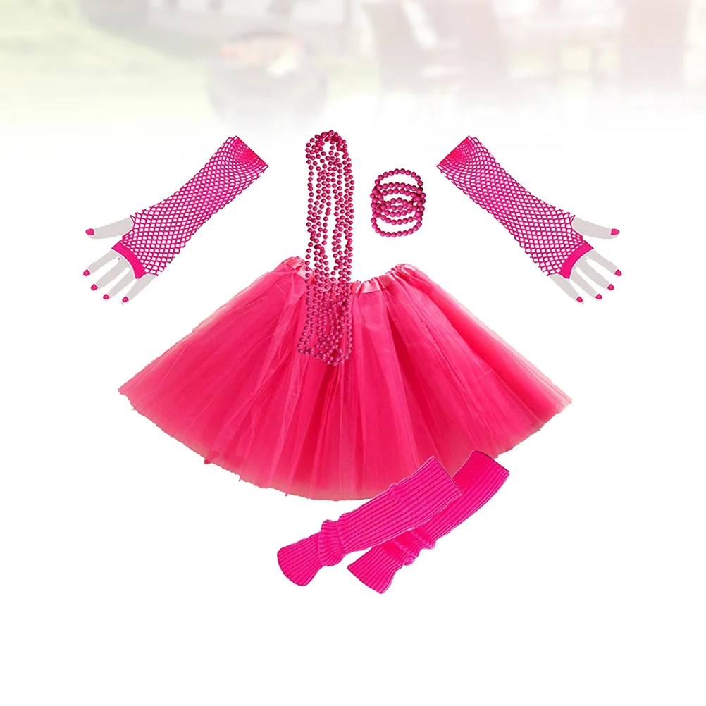 طقم ملابس تنكرية للحفلات تنورة شبكية من الشيفون باللون الأحمر الوردي فستان بتصميم مرن للفتيات على طراز 80S 70S إكسسوارات تنكرية