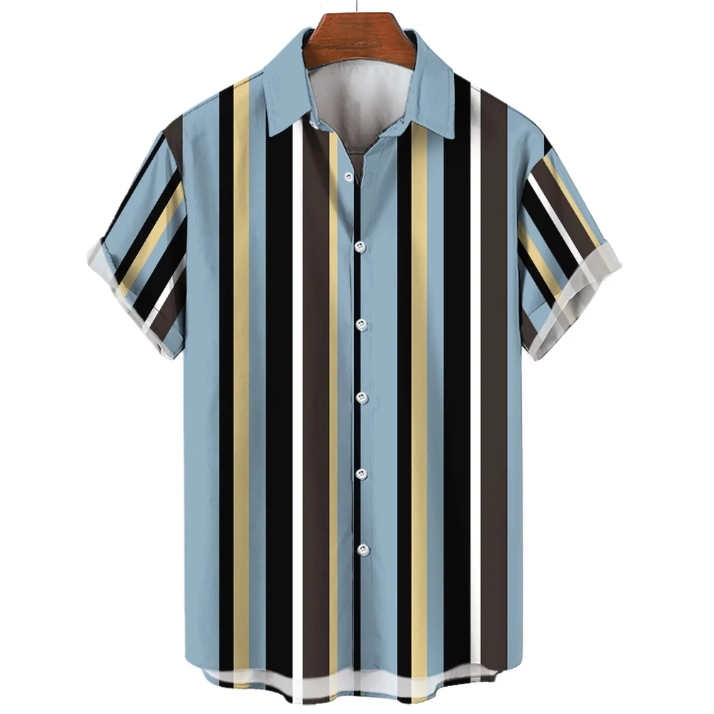 Camiseta Hawaiana de manga corta para hombre, camisa holgada y transpirable de gran tamaño, con solapa y estampado a rayas, informal, para vacaciones de verano