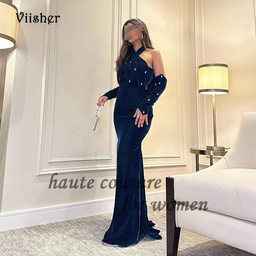 

Navy Velet Mermaid Evening Dresses Halter Beaded Velour Arabian Dubai Formal Prom Dress with Sleeve Floor Length Evening Gowns