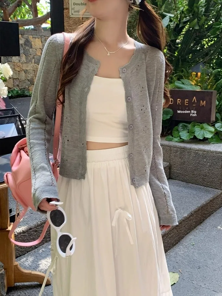 Gelbe Strickjacke für Damen, Sommer, dünn, Oulder-BIL, Oberbekleidung, Oberteil mit Schlinge, Dr. Casual Sle, rund, Ne Long Sve