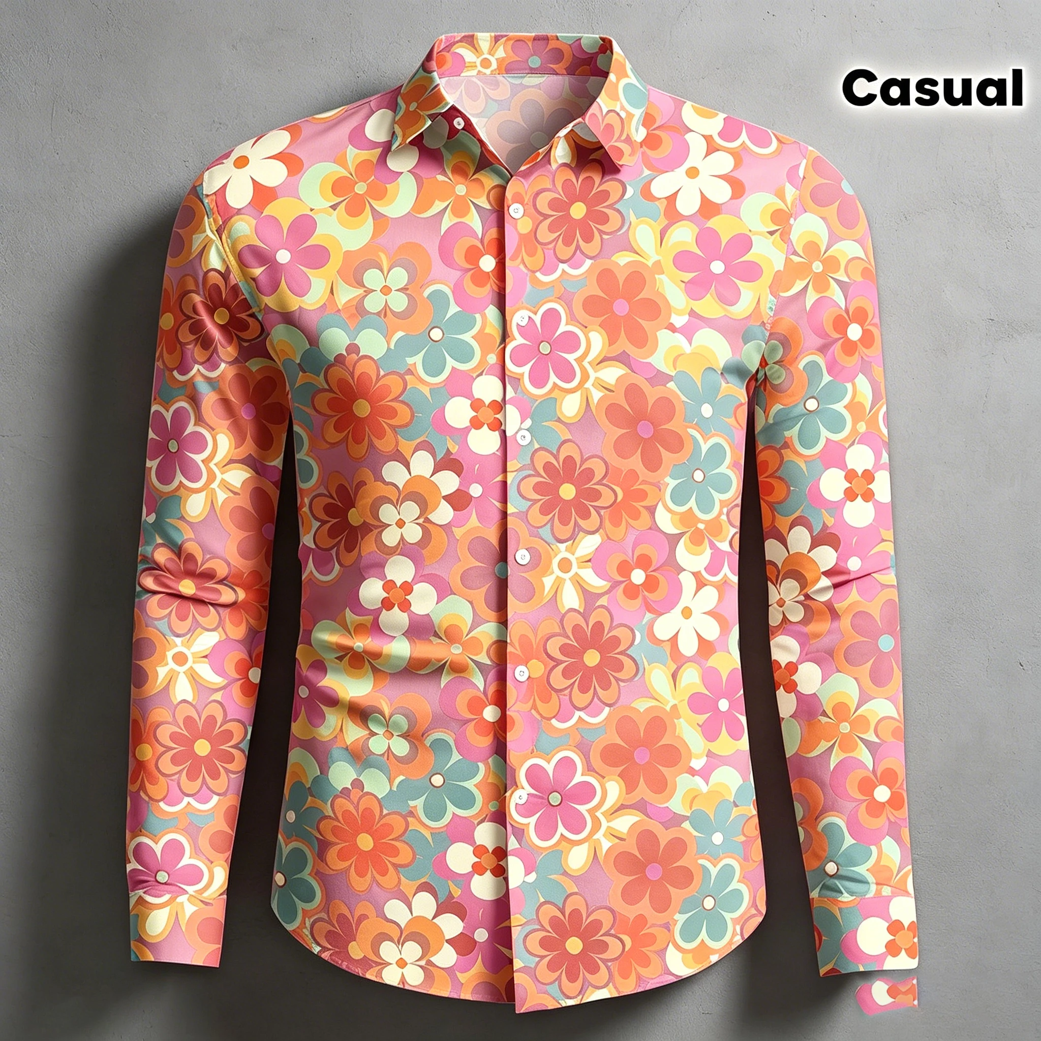 Men's collared slim-fit long-sleeved shirt, daisy drape shirt, plus-size retro European and American style casual cardigan top. - view 4