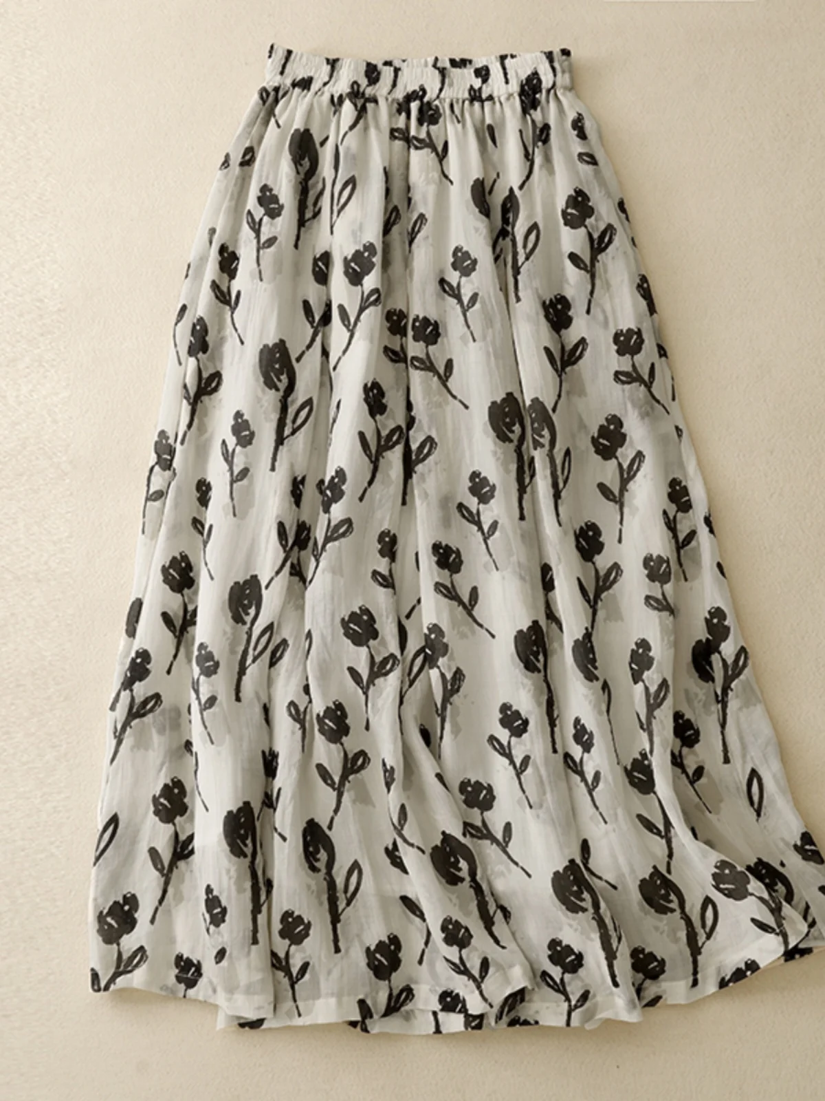 الرجعية الأزهار القطن الكتان ميدي تنورة المرأة الصيف عالية الخصر ألف خط مظلة تنورة Ele Dra منتصف طول الكتان تنورة #2