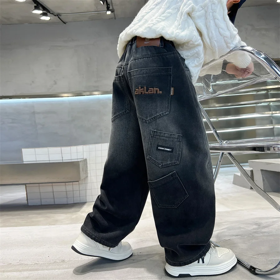 2026 New Spring Children Dark Grey Baggy Jeans for Teenage Boys Casual Loose Denim Pants School Kids Fashion Jeans Trousers 5-14