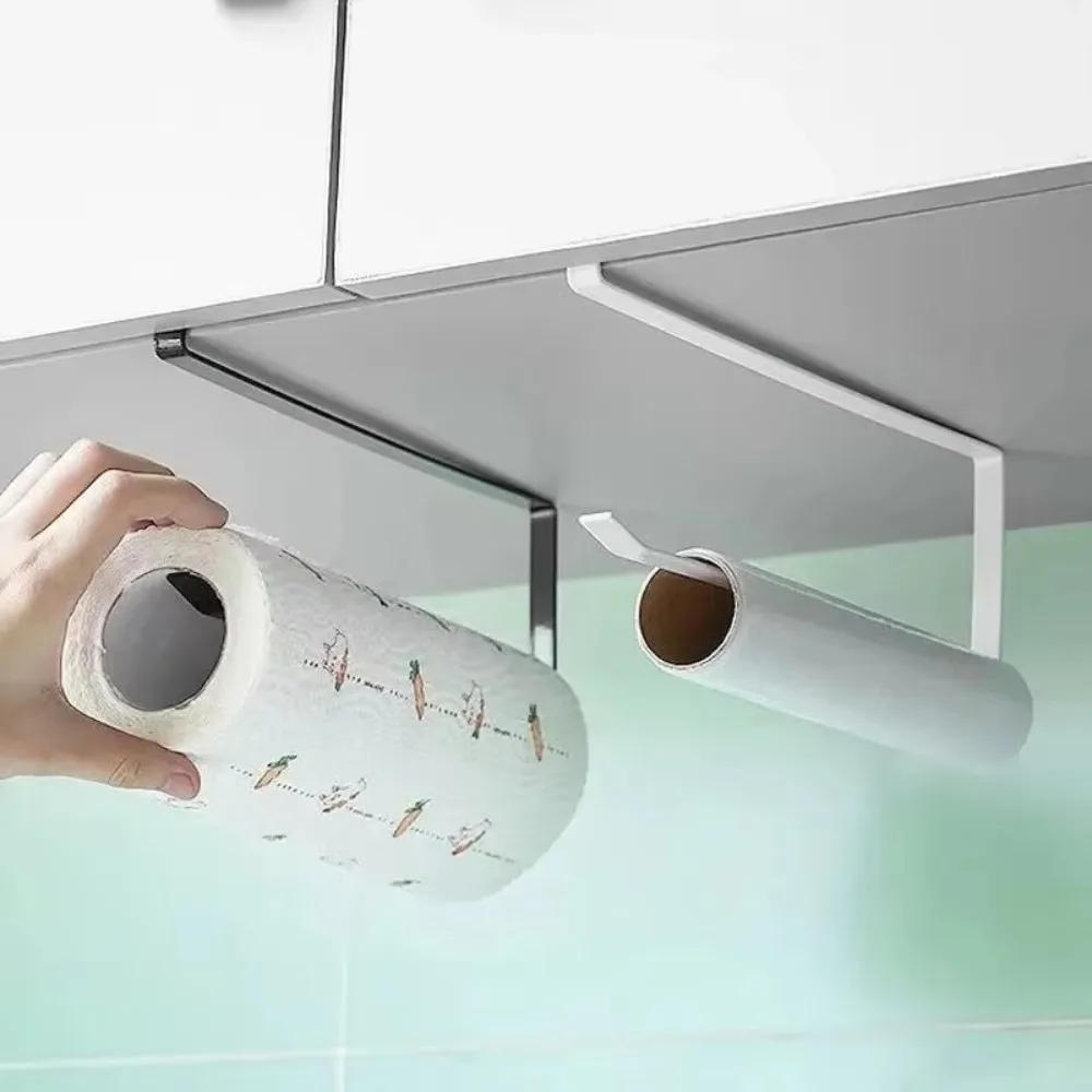 No Punching Metal Paper Roll Holder Hanging Shelf Sturdy Durable Cling Film Roll Storage Rack Towel Rack Kitchen Accessories