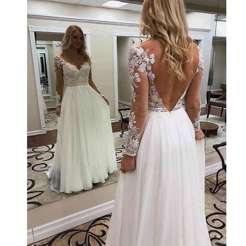 

ANGELSBRIDEP Lace Sexy Wedding Dresses A-Line Vestido De Noiva Flower Backless Appliques Chiffon Formal Bride Dress Plus Size