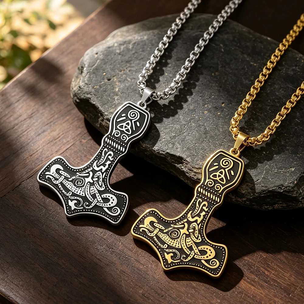 Norse Mythology Strength Symbol Odin Mjolnir Men Necklace Hammer Protection Amulet Pendant Stainless Steel Jewelry