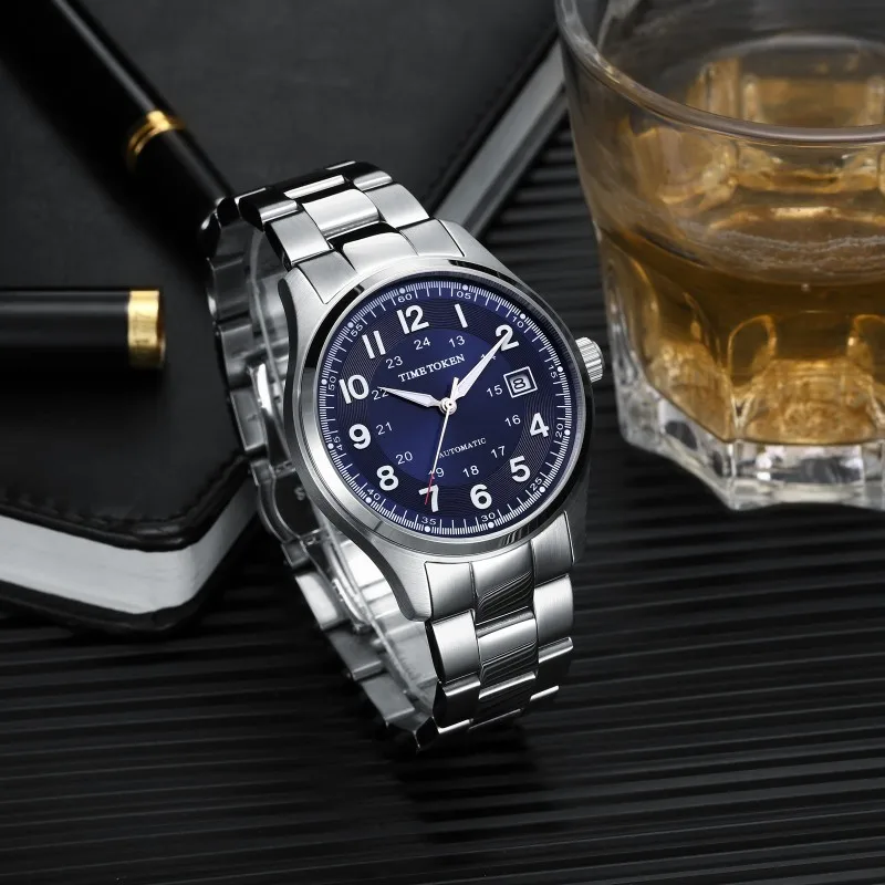 TIME TOKEN Reloj mecánico automático para hombre con cristal de zafiro Manecillas luminosas 50 m Resistente al agua Acero inoxidable 316