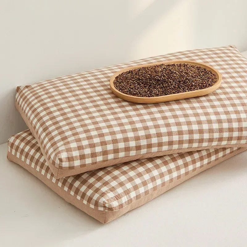 

1 Pcs Washed Cotton Buckwheat Pillows Checkered Fabric Health Pillow Core Soft and Comfortable Pillows for Home Dormitories